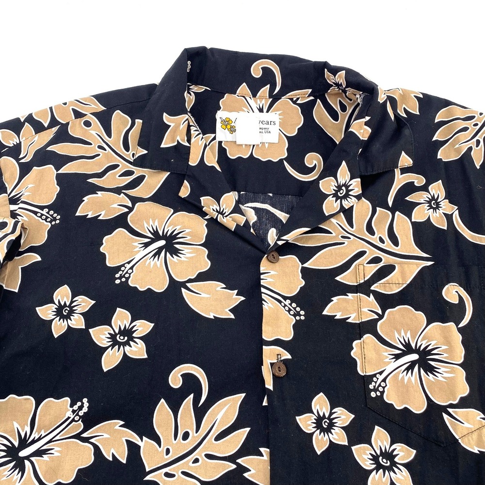 Alohawears Mens XL Hawaiian Shirt Black Tan Floral Print Short Sleeve USA Made